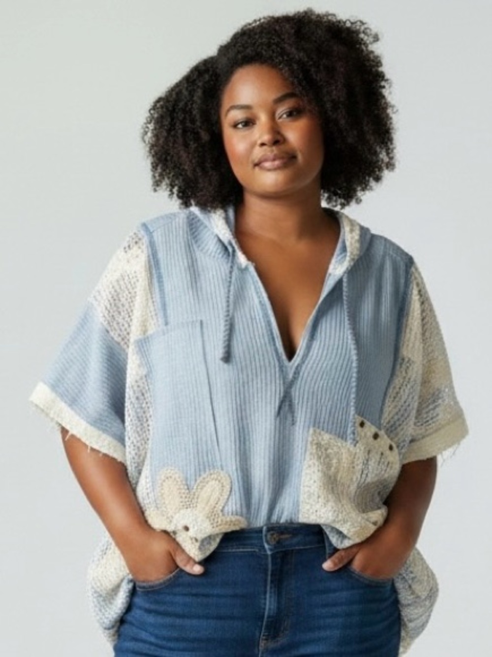 POL Light Blue and Cream Hooded Short-Sleeve Tunic